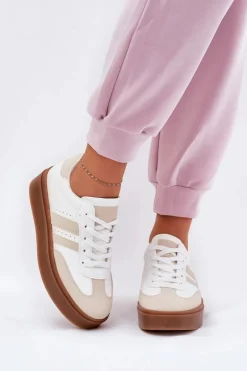 Sneakersy Damskie Na Platformie Z Eko Skóry Beżowo-Białe Ediriella