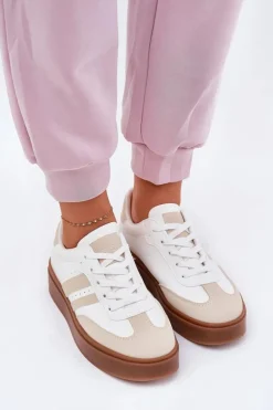 Sneakersy Damskie Na Platformie Z Eko Skóry Beżowo-Białe Ediriella