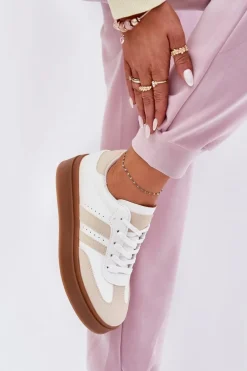 Sneakersy Damskie Na Platformie Z Eko Skóry Beżowo-Białe Ediriella