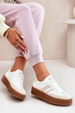 Sneakersy Damskie Na Platformie Z Eko Skóry Beżowo-Białe Ediriella