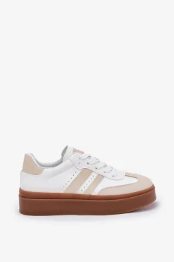 Sneakersy Damskie Na Platformie Z Eko Skóry Beżowo-Białe Ediriella