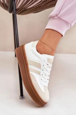Sneakersy Damskie Na Platformie Z Eko Skóry Beżowo-Białe Ediriella