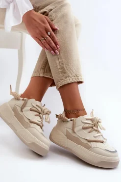 Sneakersy Damskie Na Platformie Beżowe Moariella