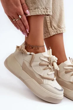 Sneakersy Damskie Na Platformie Beżowe Moariella
