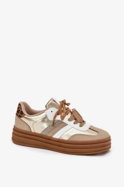 Sneakersy Damskie Na Platformie Z Podwójnym Sznurowaniem Panterka Złote Niteria