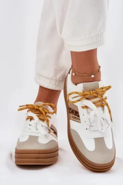 Sneakersy Damskie Na Platformie Z Podwójnym Sznurowaniem Panterka Białe Niteria