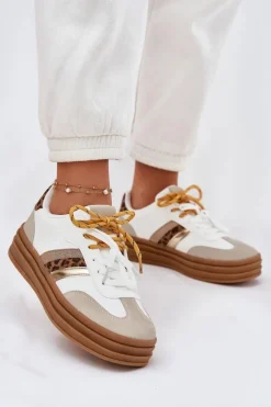 Sneakersy Damskie Na Platformie Z Podwójnym Sznurowaniem Panterka Białe Niteria