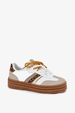 Sneakersy Damskie Na Platformie Z Podwójnym Sznurowaniem Panterka Białe Niteria