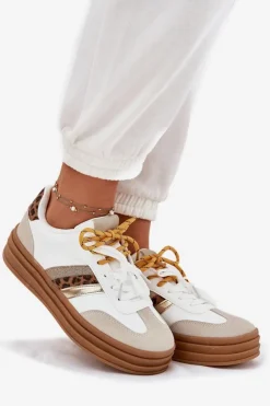 Sneakersy Damskie Na Platformie Z Podwójnym Sznurowaniem Panterka Białe Niteria