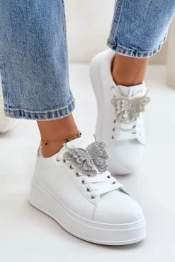 Sneakersy Damskie Na Platformie Z Motylem Biało-Srebrne Naritevia