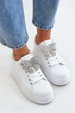 Sneakersy Damskie Na Platformie Z Motylem Biało-Srebrne Naritevia