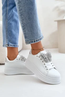 Sneakersy Damskie Na Platformie Z Motylem Biało-Srebrne Naritevia