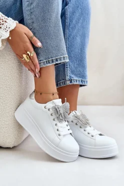 Sneakersy Damskie Na Platformie Z Motylem Biało-Srebrne Naritevia