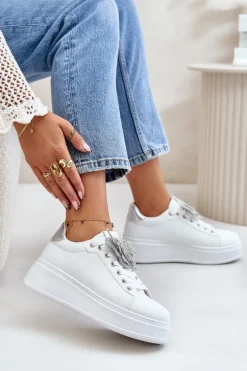 Sneakersy Damskie Na Platformie Z Motylem Biało-Srebrne Naritevia