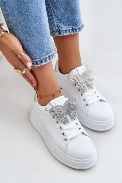 Sneakersy Damskie Na Platformie Z Motylem Biało-Srebrne Naritevia