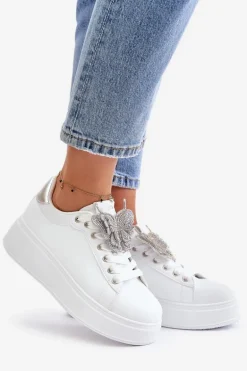 Sneakersy Damskie Na Platformie Z Motylem Biało-Srebrne Naritevia
