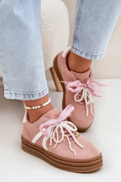 Sneakersy Damskie Na Platformie Z Ozdobami Różowe Vinness