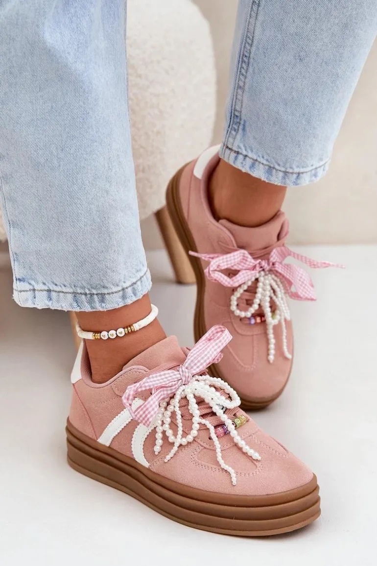 Sneakersy Damskie Na Platformie Z Ozdobami Różowe Vinness