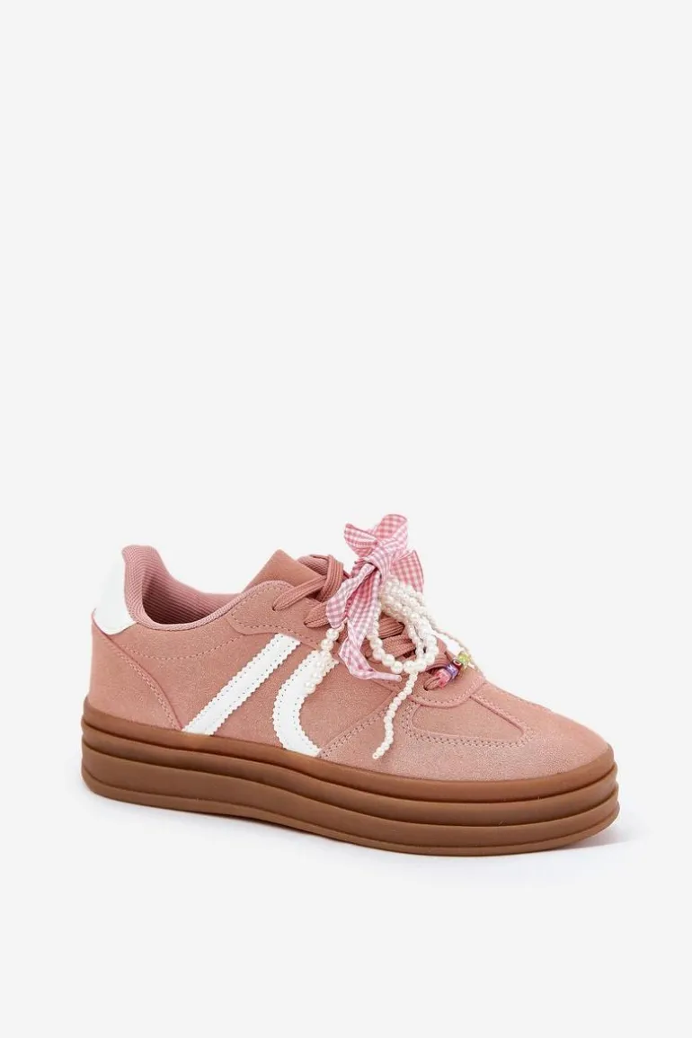 Sneakersy Damskie Na Platformie Z Ozdobami Różowe Vinness