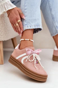 Sneakersy Damskie Na Platformie Z Ozdobami Różowe Vinness