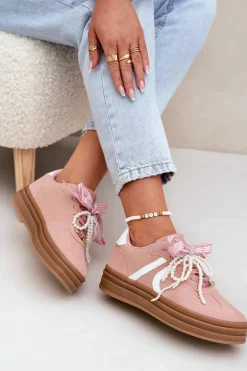 Sneakersy Damskie Na Platformie Z Ozdobami Różowe Vinness