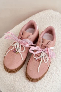 Sneakersy Damskie Na Platformie Z Ozdobami Różowe Vinness