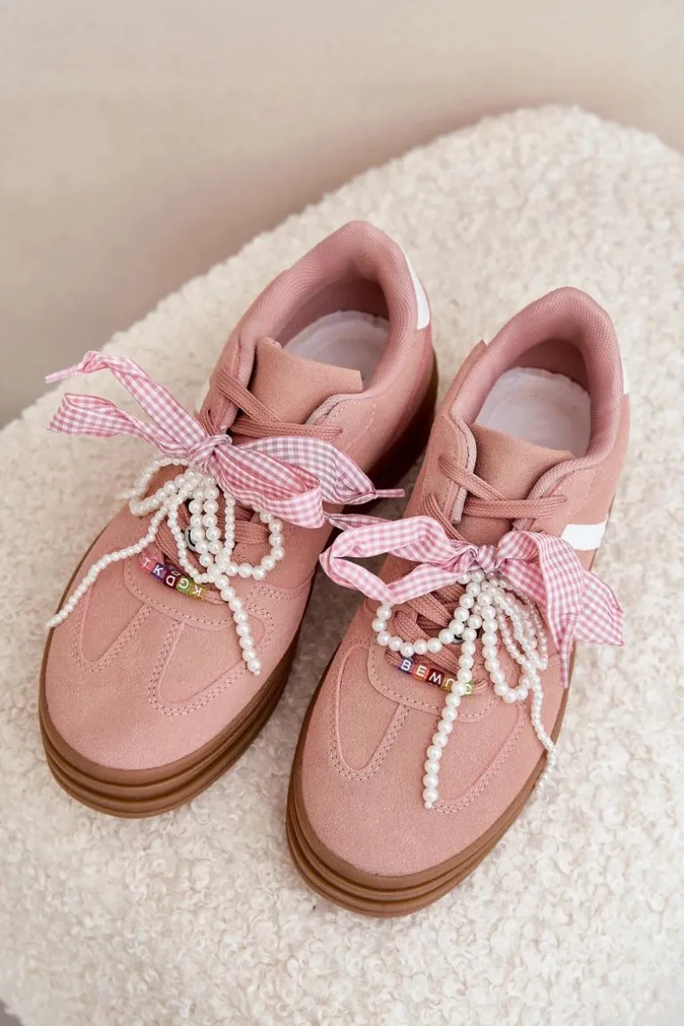 Sneakersy Damskie Na Platformie Z Ozdobami Różowe Vinness