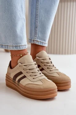 Sneakersy Damskie Na Platformie Brązowe Nesonice
