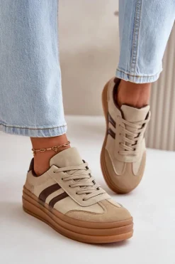 Sneakersy Damskie Na Platformie Brązowe Nesonice