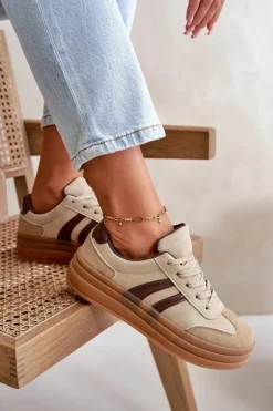 Sneakersy Damskie Na Platformie Brązowe Nesonice