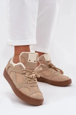 Sneakersy Damskie Na Platformie Ocieplane Futerkiem Beżowe Solvia