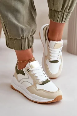 Sneakersy Damskie Na Platformie Z Eko Skóry Beżowo-Zielone Issatta