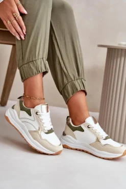 Sneakersy Damskie Na Platformie Z Eko Skóry Beżowo-Zielone Issatta