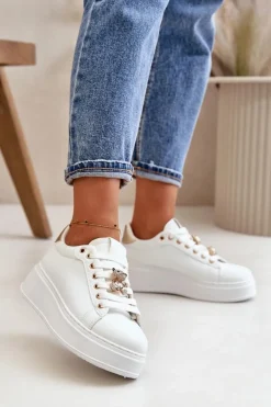 Sneakersy Damskie Na Platformie Z Misiem Białe Vailina