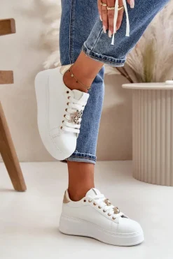 Sneakersy Damskie Na Platformie Z Misiem Białe Vailina