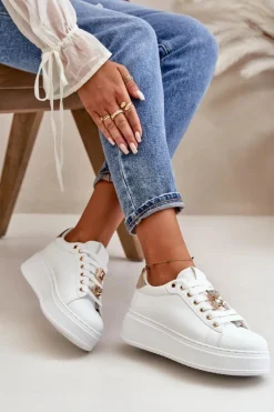 Sneakersy Damskie Na Platformie Z Misiem Białe Vailina