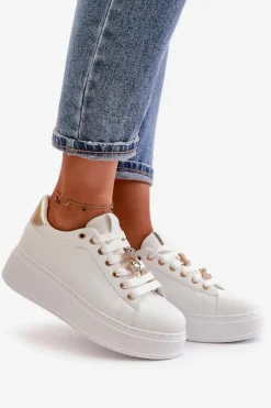 Sneakersy Damskie Na Platformie Z Misiem Białe Vailina
