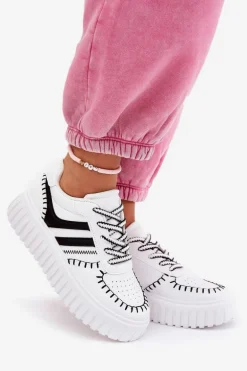 Sneakersy Damskie Na Platformie Biało-Czarne Ofenale