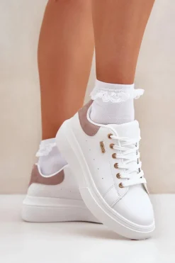 Sneakersy Damskie Na Platformie Eko Skóra Białe Lelandine