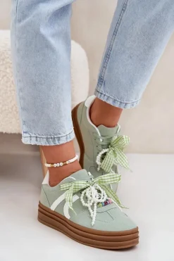 Sneakersy Damskie Na Platformie Z Ozdobami Zielone Vinness