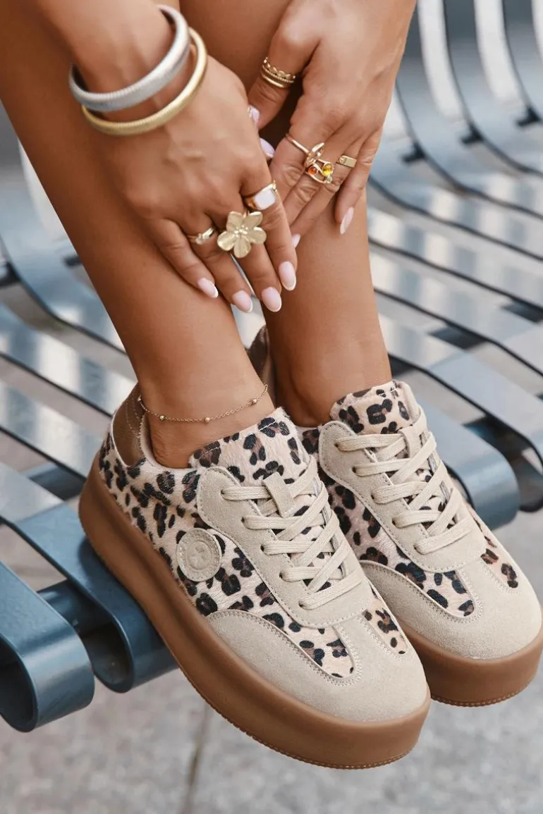 Sneakersy Damskie Na Platformie Panterka Big Star SS274763 Beżowe