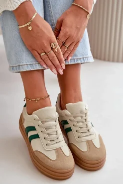 Sneakersy Damskie Na Platformie Beżowo-Zielone Nesonice