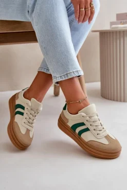 Sneakersy Damskie Na Platformie Beżowo-Zielone Nesonice