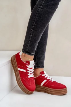 Sneakersy Damskie Na Platformie Czerwone Dravinnia