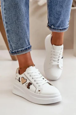 Sneakersy Damskie Na Platformie Z Ozdobnym Napisem Białe Orlian