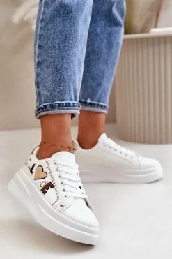 Sneakersy Damskie Na Platformie Z Ozdobnym Napisem Białe Orlian