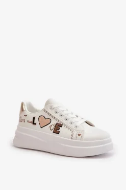 Sneakersy Damskie Na Platformie Z Ozdobnym Napisem Białe Orlian