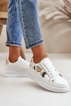 Sneakersy Damskie Na Platformie Z Ozdobnym Napisem Białe Orlian
