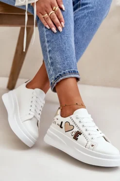 Sneakersy Damskie Na Platformie Z Ozdobnym Napisem Białe Orlian