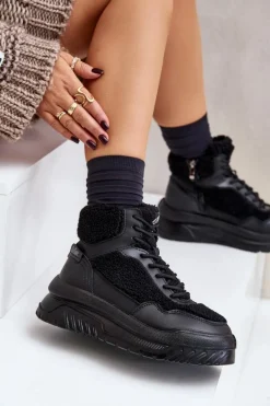 Sneakersy Damskie Na Platformie Z Futerkiem Typu Baranek Lee Cooper LCJ-24-47-3145 Czarne